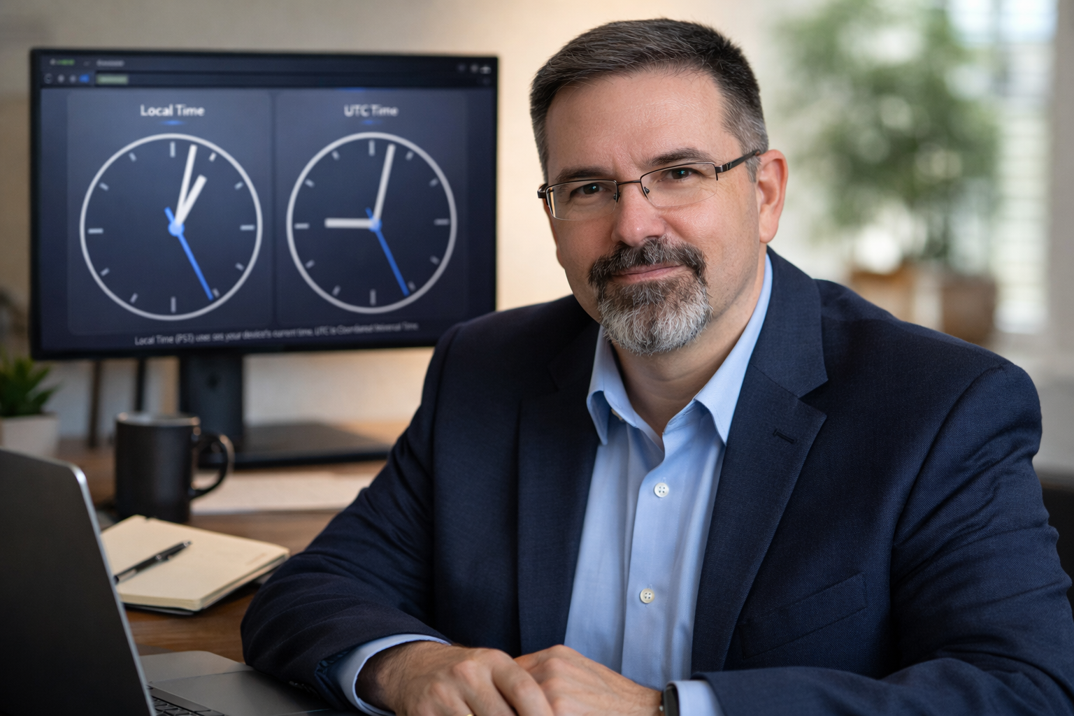 Professional photo of Frank Jamison seated at a desk in a navy blazer and light blue shirt, looking at the camera, with a computer monitor behind him displaying two analog clocks labeled Local Time and UTC Time from a web application interface.