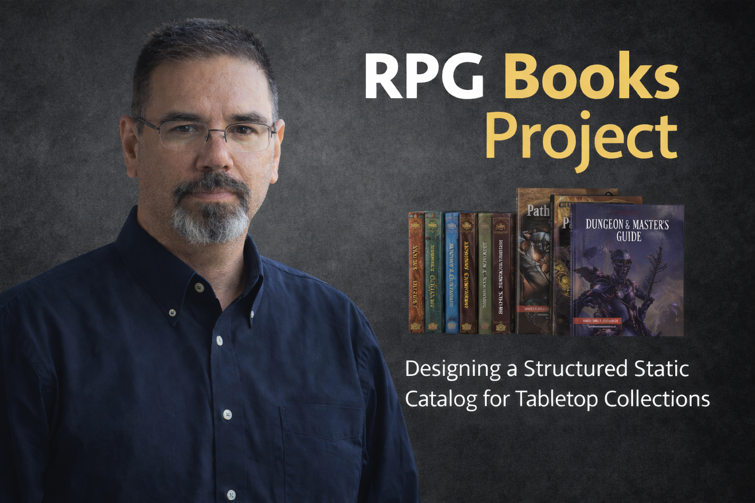 Professional promotional image for the RPG Books Project featuring Frank Jamison in a navy button down shirt against a dark textured background, with the title “RPG Books Project” and a row of tabletop roleplaying game book covers displayed to the right.