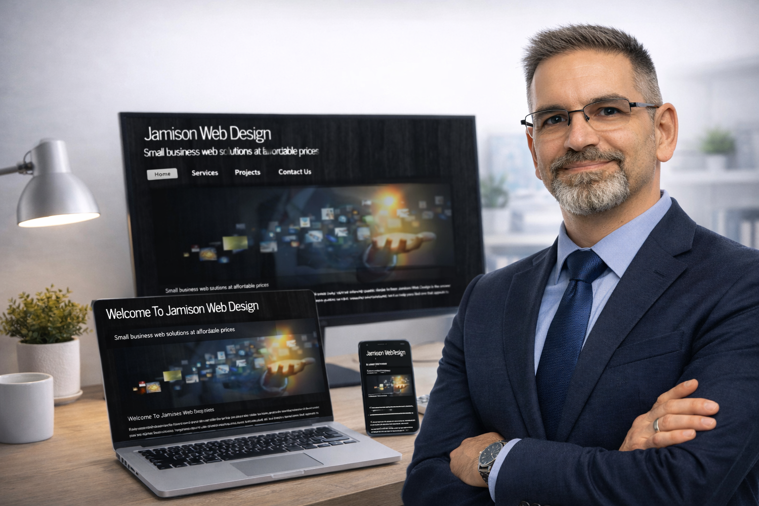 Professional portrait of Frank Jamison standing in a modern office beside a desk setup featuring a desktop monitor, laptop, and smartphone, each displaying the Jamison Web Design homepage with dark themed layout, navigation menu, and hero banner.