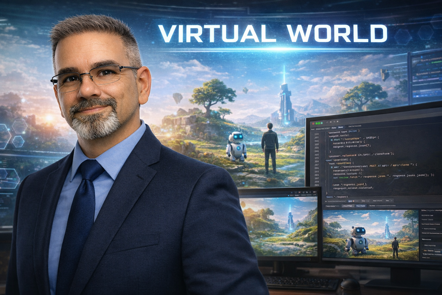Professional composite image of Frank Jamison in a navy suit and tie, positioned in front of a futuristic virtual world displayed across multiple computer monitors. The screens show a vibrant 3D landscape with floating terrain, a humanoid avatar, a small robot companion, and visible Java code, with the title “Virtual World” glowing across the top of the scene.