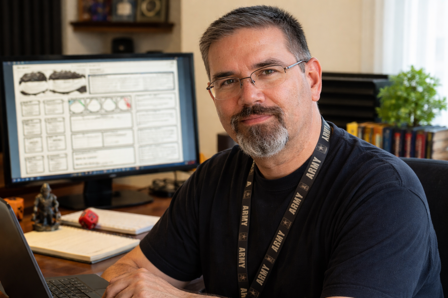 Professional portrait of Frank seated at a desk in a home office, facing the camera with a neutral expression, wearing a black shirt and Army lanyard. A computer monitor behind him displays a Dungeons and Dragons style character sheet, with a red twenty sided die, notebook, and small fantasy figurine on the desk, suggesting a tabletop RPG development workspace.