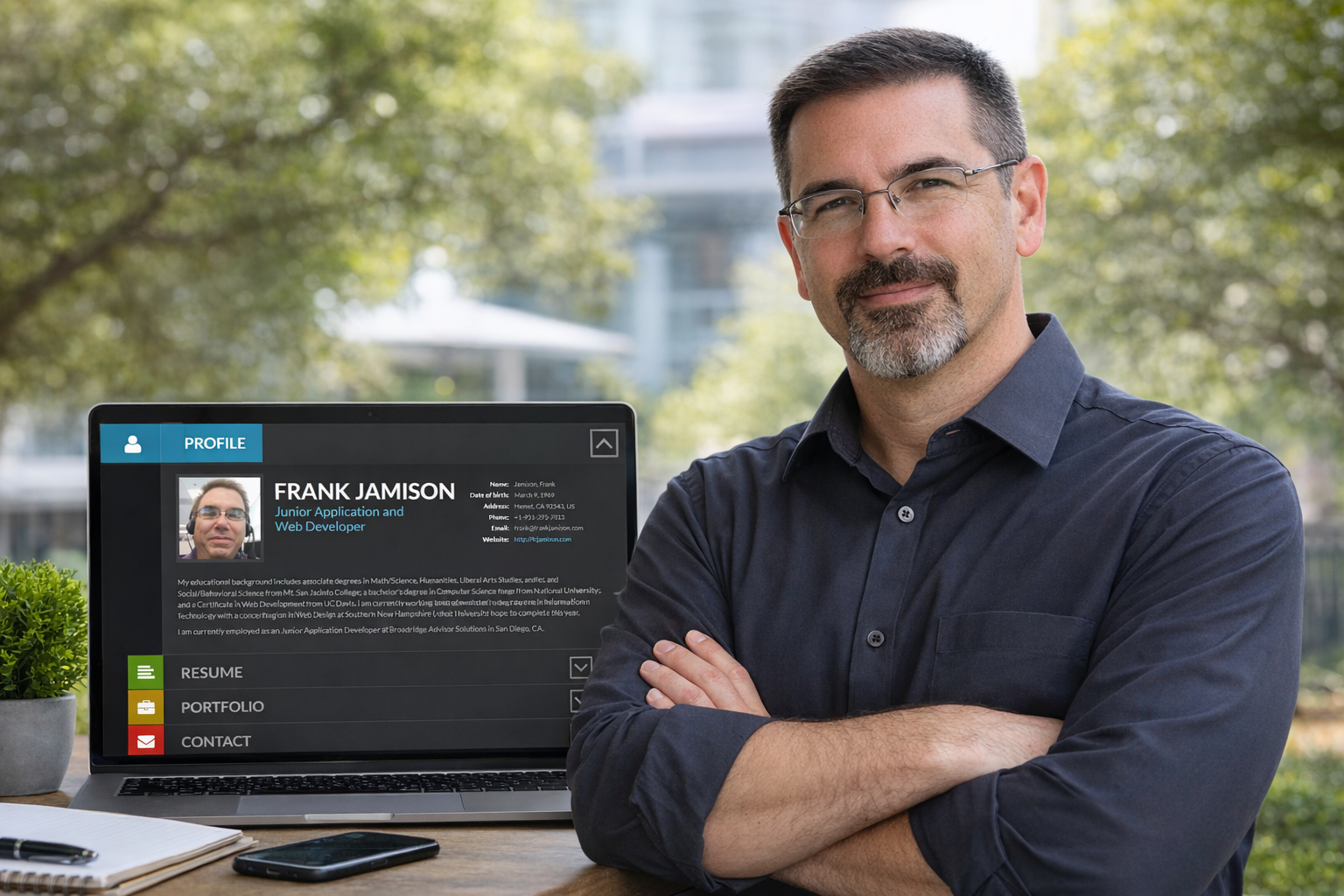 Professional outdoor portrait of Frank Jamison standing with arms crossed beside an open laptop on a wooden table. He is wearing a dark charcoal button down shirt and looking confidently at the camera. The laptop screen displays his 2019 web portfolio with Profile, Resume, Portfolio, and Contact sections visible. A notebook and smartphone rest on the table, with soft greenery and a modern building blurred in the background.