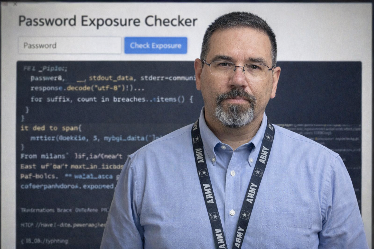 Frank Jamison standing upright and facing the camera in professional attire, wearing a light blue button down shirt and an Army lanyard, positioned in front of a blurred Password Exposure Checker interface with code visible in the background.