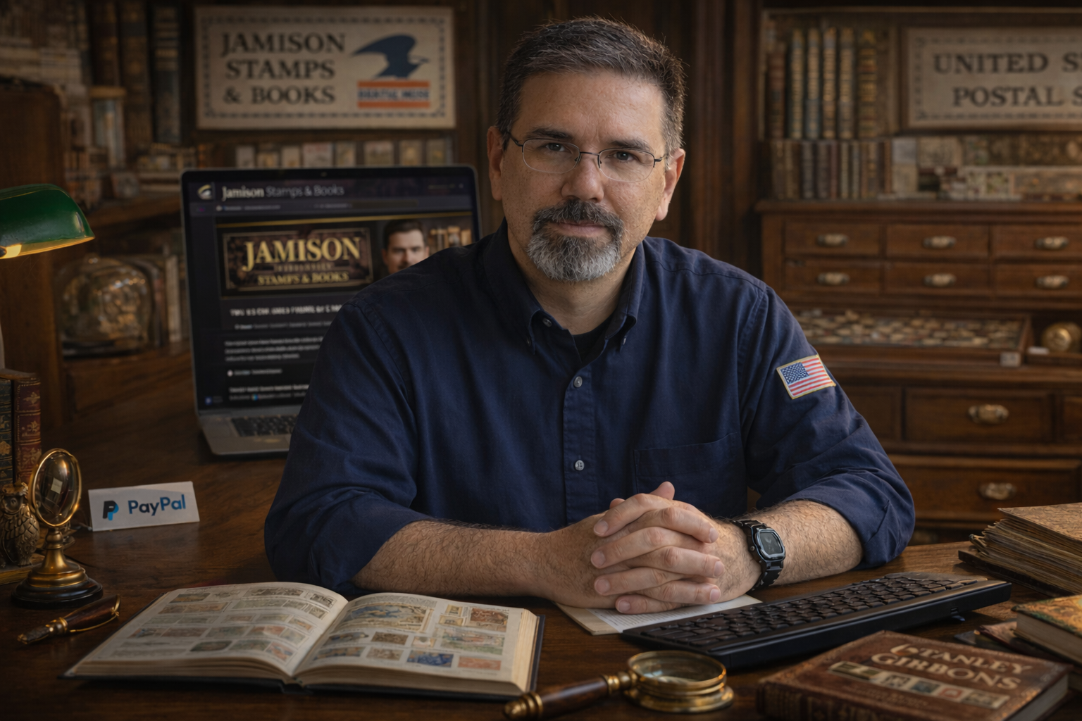 Frank Jamison sits at a wooden desk in a warmly lit study lined with books and stamp displays, facing the camera with hands folded. An open stamp album, magnifying glass, keyboard, and vintage books rest on the desk, while a laptop behind him displays the Jamison Stamps and Books website.