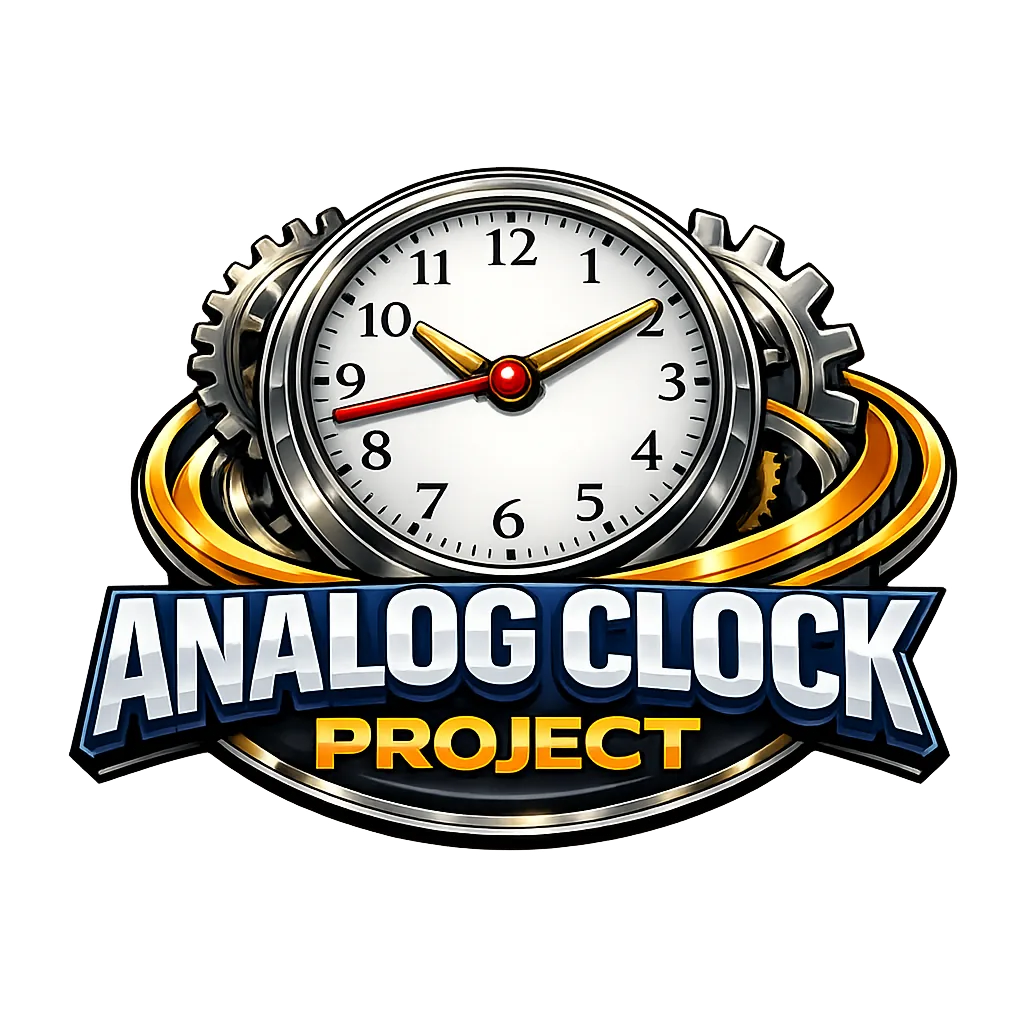 Logo featuring a detailed analog clock with gold hour and minute hands, red second hand, metallic gears in the background, and bold text reading “Analog Clock Project” in blue, white, and gold styling on a dark backdrop.