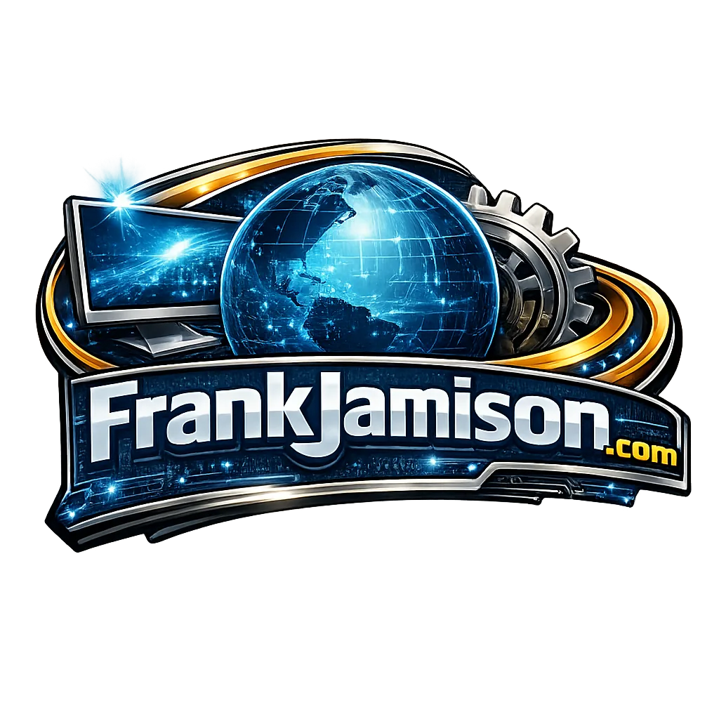 Futuristic logo featuring a glowing blue digital globe, a computer monitor with light effects, metallic gears, and gold accents, with bold text reading FrankJamison.com across the front.