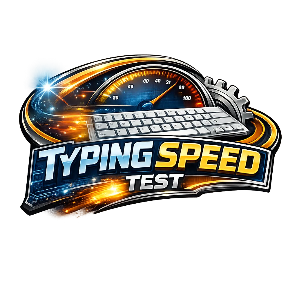 Stylized Typing Speed Test logo featuring a speedometer gauge with a sweeping needle, a keyboard integrated into the design, metallic and blue accents, and bold lettering that emphasizes performance, speed, and technical precision against a dark background.