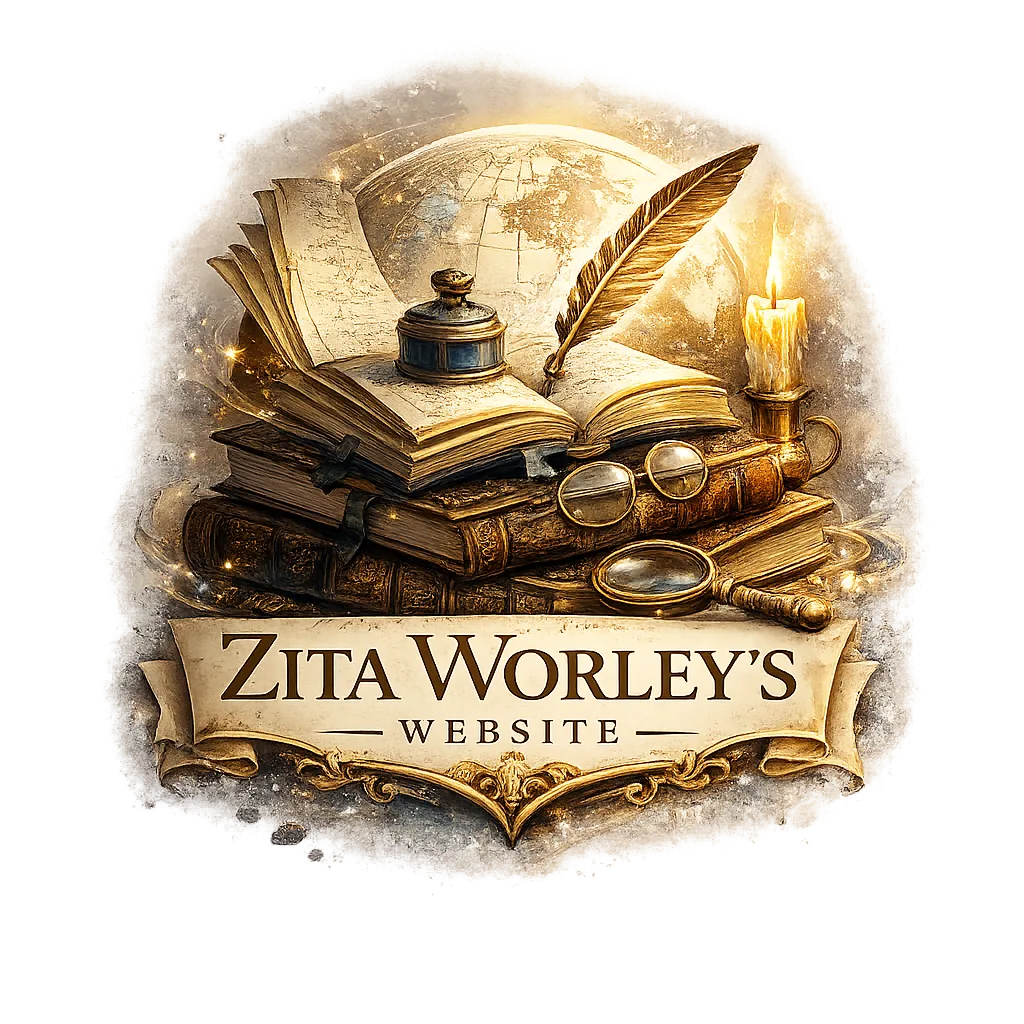Illustrated emblem featuring stacked antique books, an open journal with an ink bottle and quill, a candle, magnifying glass, and spectacles arranged before a faint globe backdrop, with a banner reading “Zita Worley’s Website” in ornate lettering.