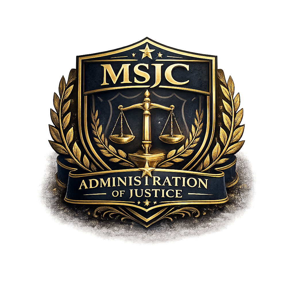 Gold and navy shield style emblem for the MSJC Administration of Justice Department featuring scales of justice at the center, laurel branches on both sides, a star above, and the words “MSJC” and “Administration of Justice” displayed prominently.