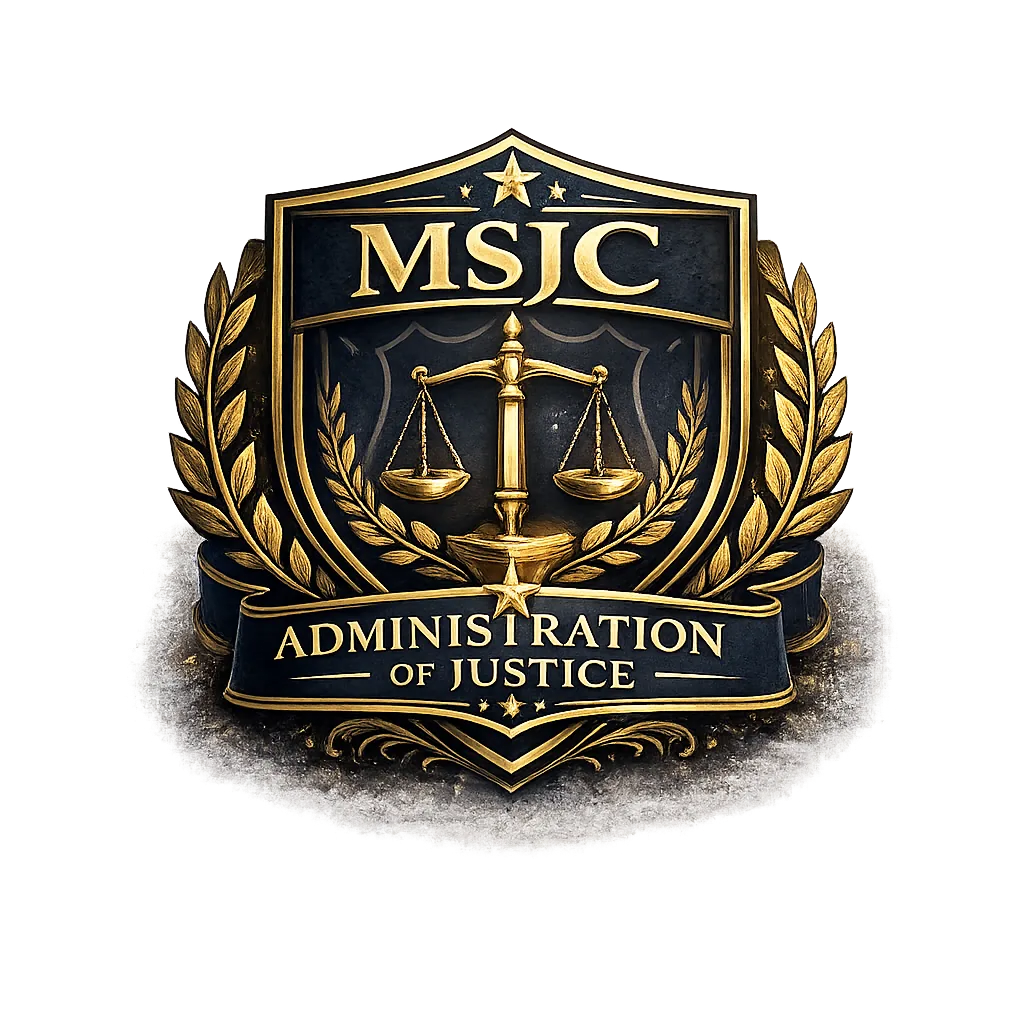 Gold and navy shield style emblem for the MSJC Administration of Justice Department featuring scales of justice at the center, laurel branches on both sides, a star above, and the words “MSJC” and “Administration of Justice” displayed prominently.