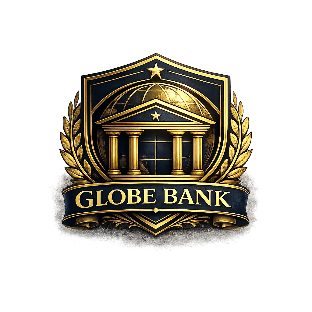 Globe Bank logo featuring a gold and navy shield with a classical bank building in front of a globe, flanked by laurel branches and a banner reading Globe Bank on a dark background.