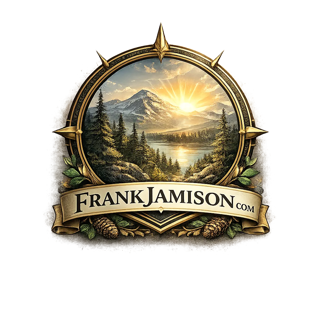 Decorative circular emblem logo featuring a mountain landscape at sunrise reflected over a lake, surrounded by a gold compass-style frame with pine branches and pinecones at the base. A ribbon banner across the bottom displays the text FrankJamison.com.