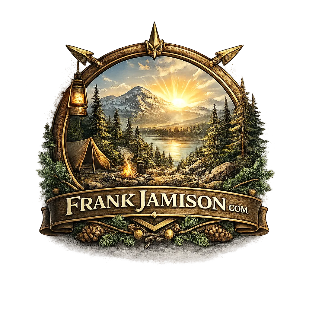 Illustrated emblem logo for FrankJamison.com featuring a circular wooden frame with a lantern, a mountain sunrise over a lake and pine forest, a campsite with a tent and campfire in the foreground, and a carved wooden banner across the bottom displaying the text FrankJamison.com.