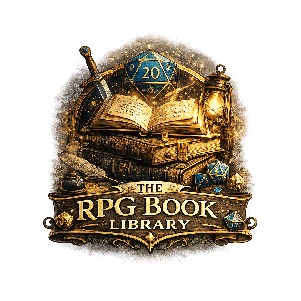 Illustrated emblem for The RPG Book Library featuring a stack of antique books with an open glowing tome on top, a blue twenty sided die, a sword, lantern, quill and ink bottle, and decorative gold lettering on a carved banner.
