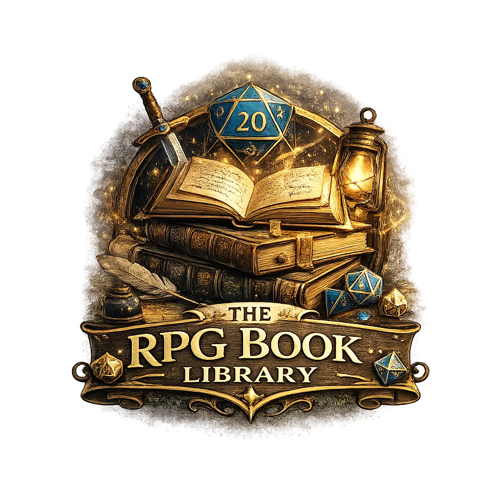 Illustrated emblem for The RPG Book Library featuring a stack of antique books with an open glowing tome on top, a blue twenty sided die, a sword, lantern, quill and ink bottle, and decorative gold lettering on a carved banner.