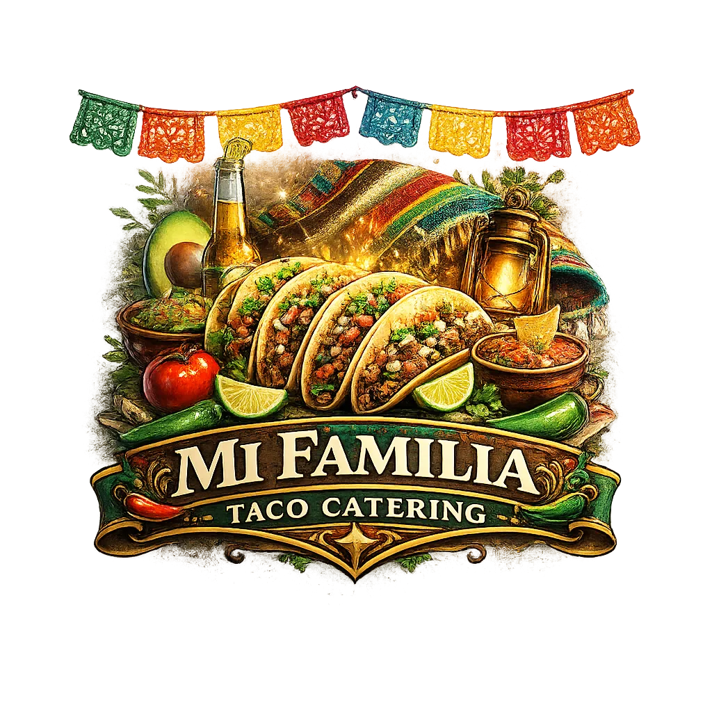 Illustrated logo for Mi Familia Taco Catering featuring three tacos filled with meat and vegetables, surrounded by avocado, lime slices, salsa, peppers, and a lantern, with colorful papel picado banners above and a decorative ribbon banner displaying the business name.