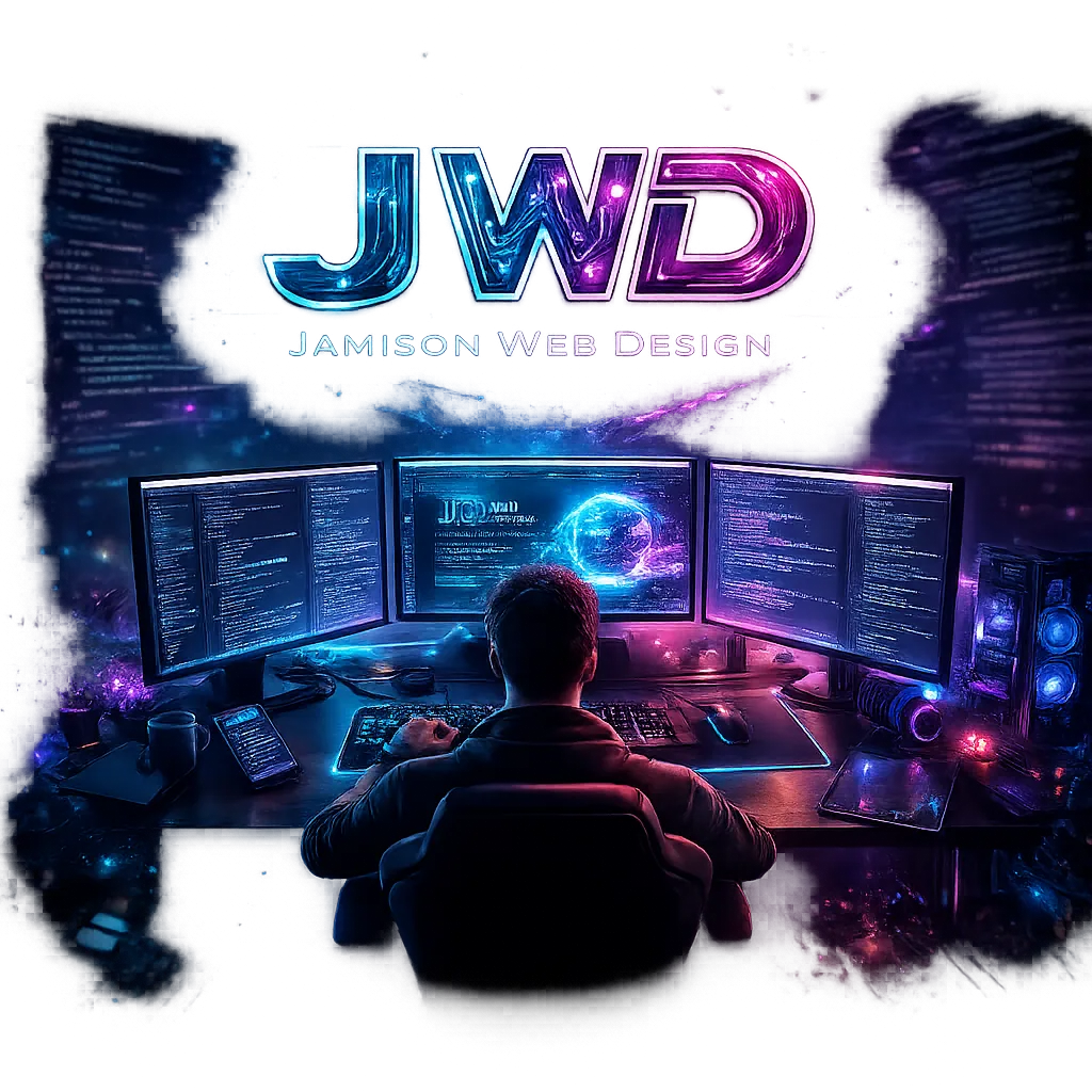 Futuristic digital illustration of a developer seated at a desk surrounded by three large monitors filled with code, illuminated in blue and magenta neon lighting, with a glowing JWD Jamison Web Design logo above and a stylized digital planet displayed on the center screen.