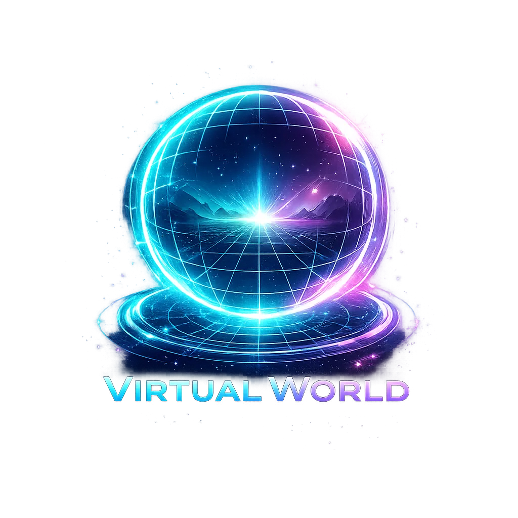 Glowing neon sphere styled like a holographic globe, split in teal and magenta tones, with a grid overlay and a bright light at the horizon illuminating distant mountains inside the orb. The sphere rests on a luminous circular base against a black background, with the title “Virtual World” displayed below in a matching blue and purple gradient.
