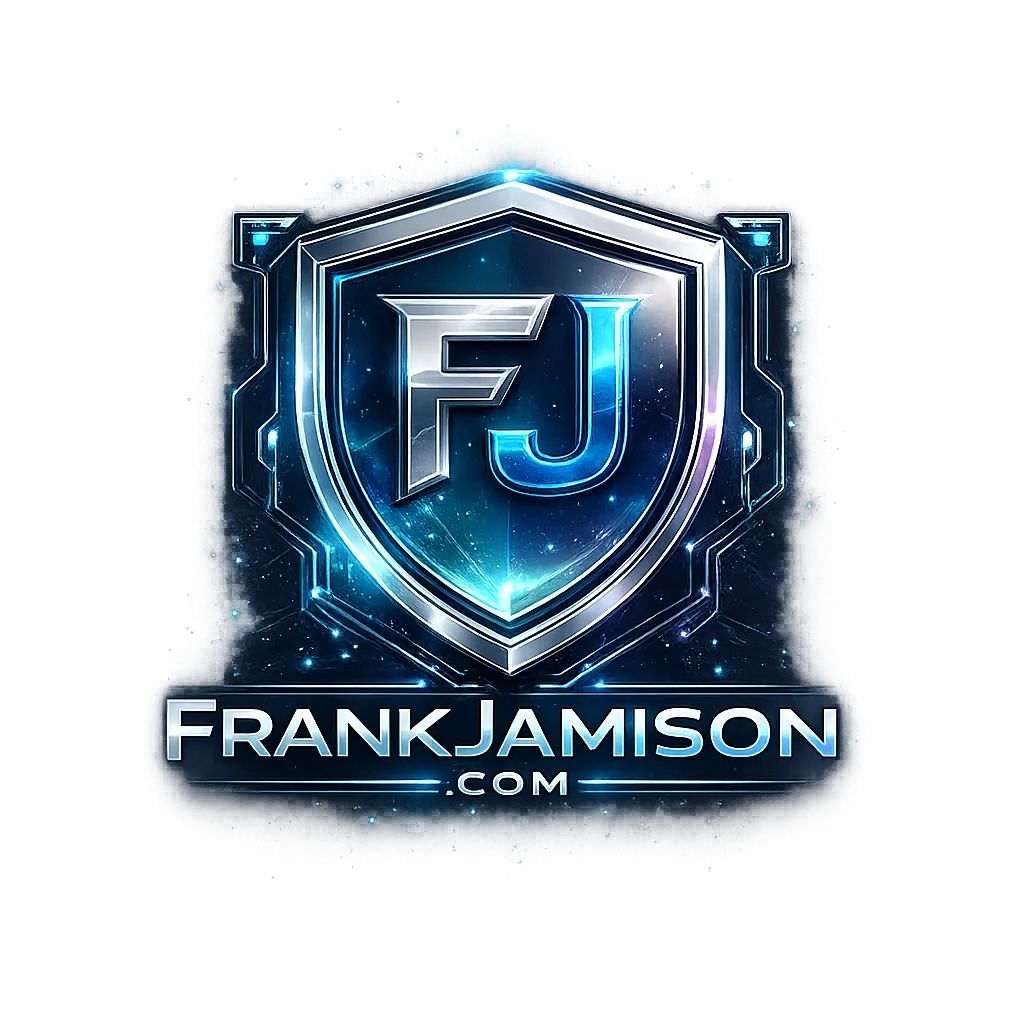 Glowing metallic shield emblem with the initials FJ in the center, rendered in blue and silver tones with a futuristic, space inspired glow, and the text FrankJamison.com displayed beneath the shield on a dark background