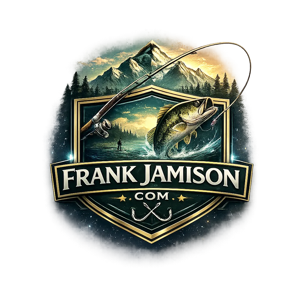 Shield-style logo for FrankJamison.com featuring a mountain landscape, a leaping fish hooked on a fishing line, crossed hooks at the bottom, and bold “FRANK JAMISON .COM” lettering across the center in green and gold tones.