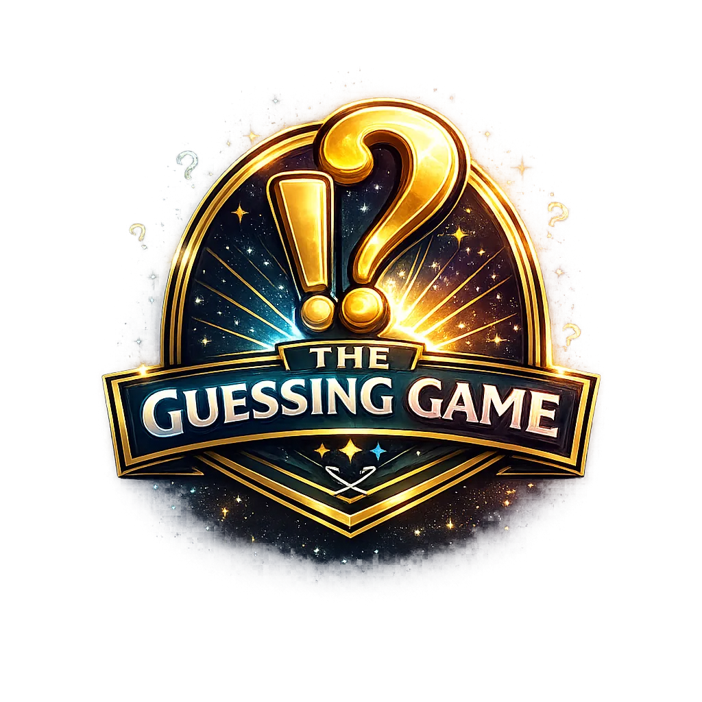Stylized emblem logo for The Guessing Game featuring a large gold question mark and exclamation mark inside a circular badge with starburst lighting effects, a dark blue and gold color scheme, and a banner across the center reading The Guessing Game against a cosmic inspired background.