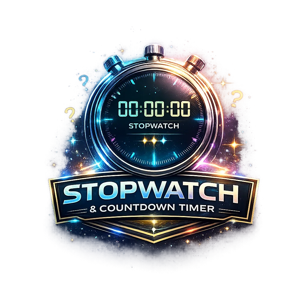Stylized glowing stopwatch emblem with a digital display reading 00:00:00, surrounded by colorful light effects and subtle question marks, above bold text that reads Stopwatch & Countdown Timer on a dark background