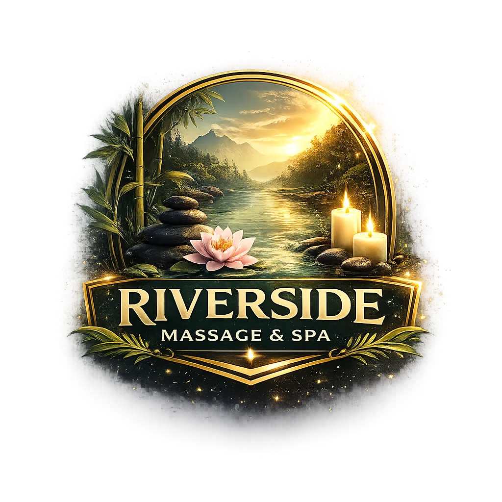 Decorative logo for Riverside Massage and Spa featuring a circular gold framed scene of a tranquil river at sunset with stacked stones, bamboo, a pink lotus flower, and two lit candles, with the business name displayed prominently below in elegant lettering.