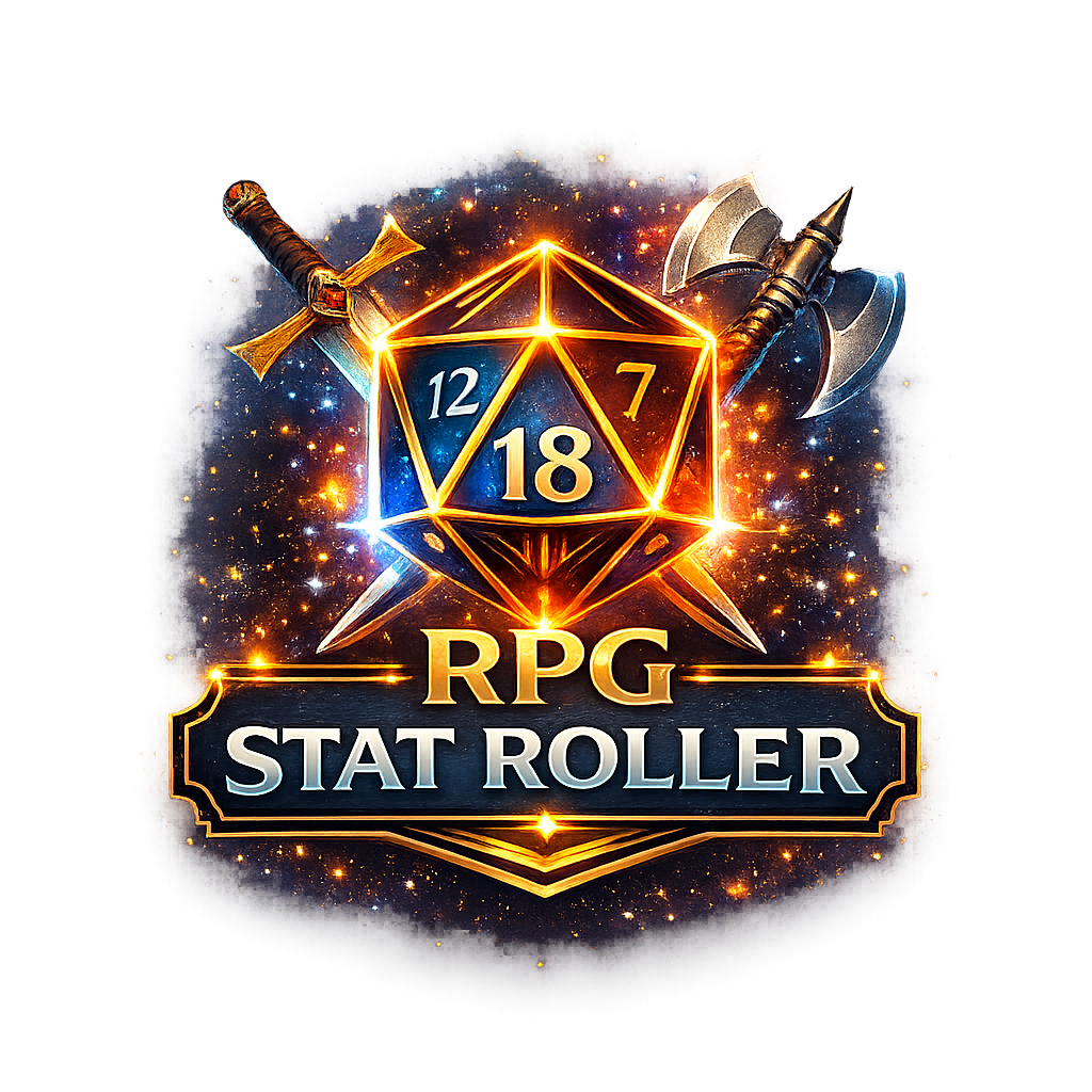 Glowing fantasy style emblem for RPG Stat Roller featuring a radiant twenty sided die displaying the numbers 12, 7, and 18, crossed by a sword and battle axe behind it. The design is framed with golden light effects and spark like stars, with the title RPG Stat Roller displayed in bold, metallic lettering beneath the die.