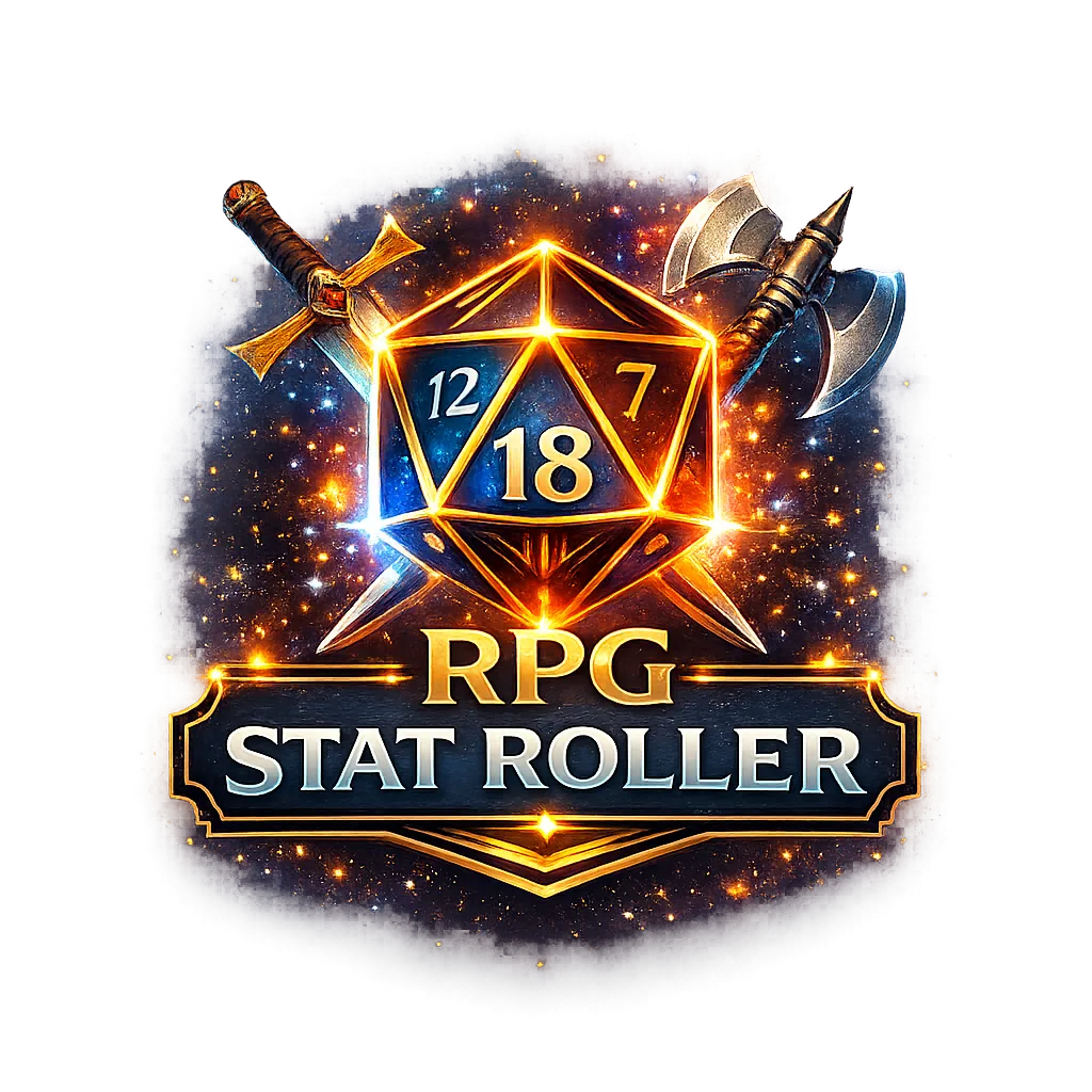 Glowing fantasy style emblem for RPG Stat Roller featuring a radiant twenty sided die displaying the numbers 12, 7, and 18, crossed by a sword and battle axe behind it. The design is framed with golden light effects and spark like stars, with the title RPG Stat Roller displayed in bold, metallic lettering beneath the die.