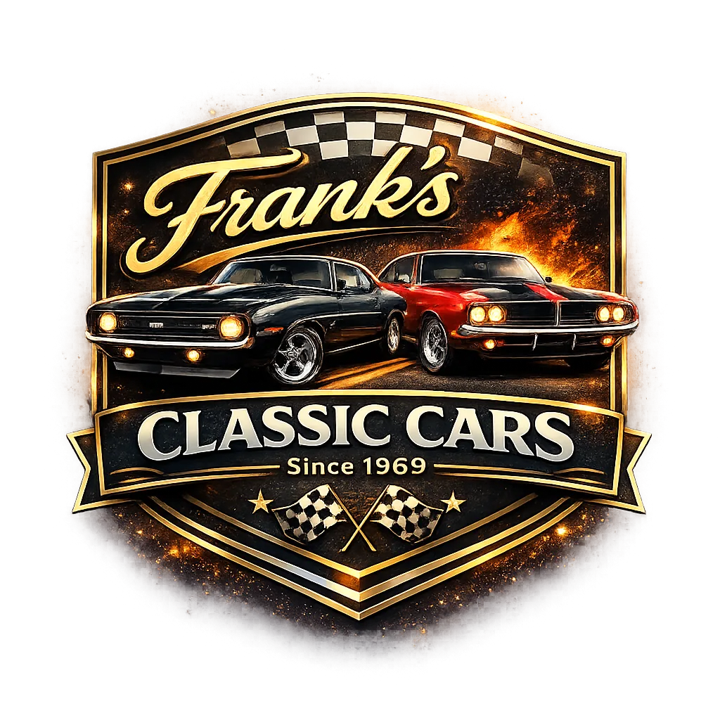 Shield styled logo for Frank’s Classic Cars featuring two vintage muscle cars, one black and one red, positioned side by side against a dramatic fiery background. Bold gold lettering displays the business name above a banner that reads Since 1969, with checkered racing accents and crossed flags completing the emblem design.