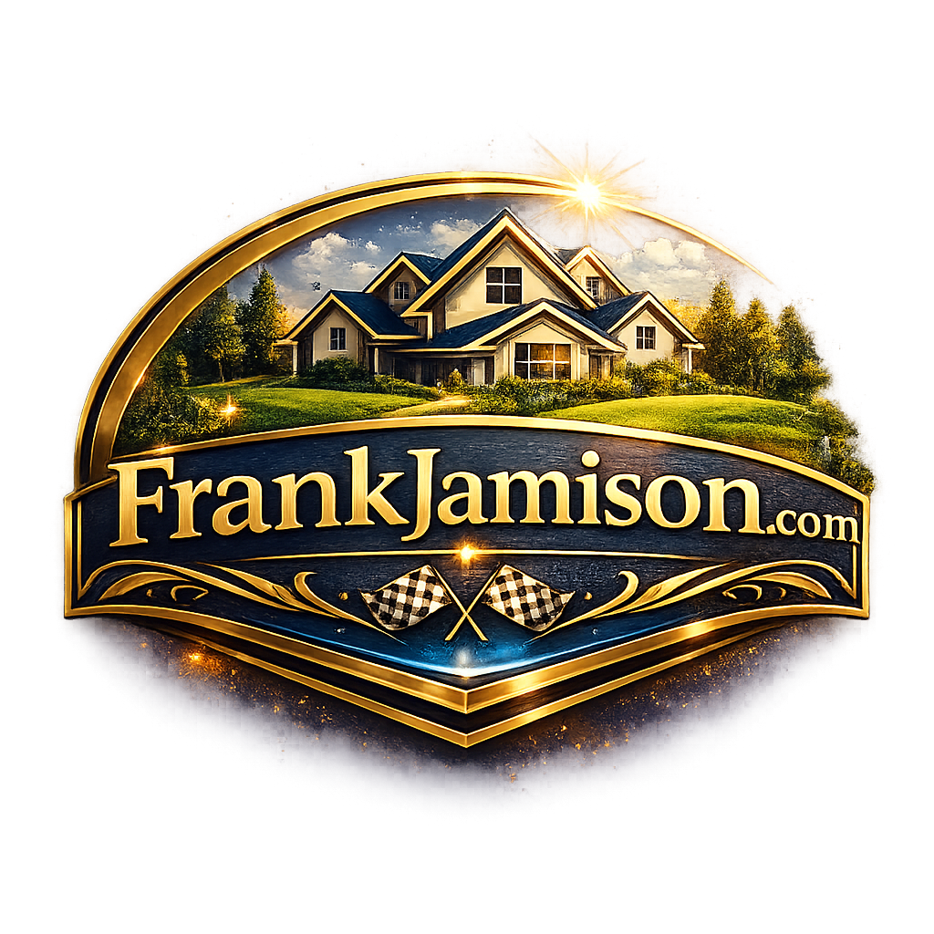 Gold and navy crest style logo reading FrankJamison.com, featuring a large home under a bright sun within an arched frame, decorative scrollwork, and two crossed checkered flags at the bottom, all set against a dark background with glowing highlights.