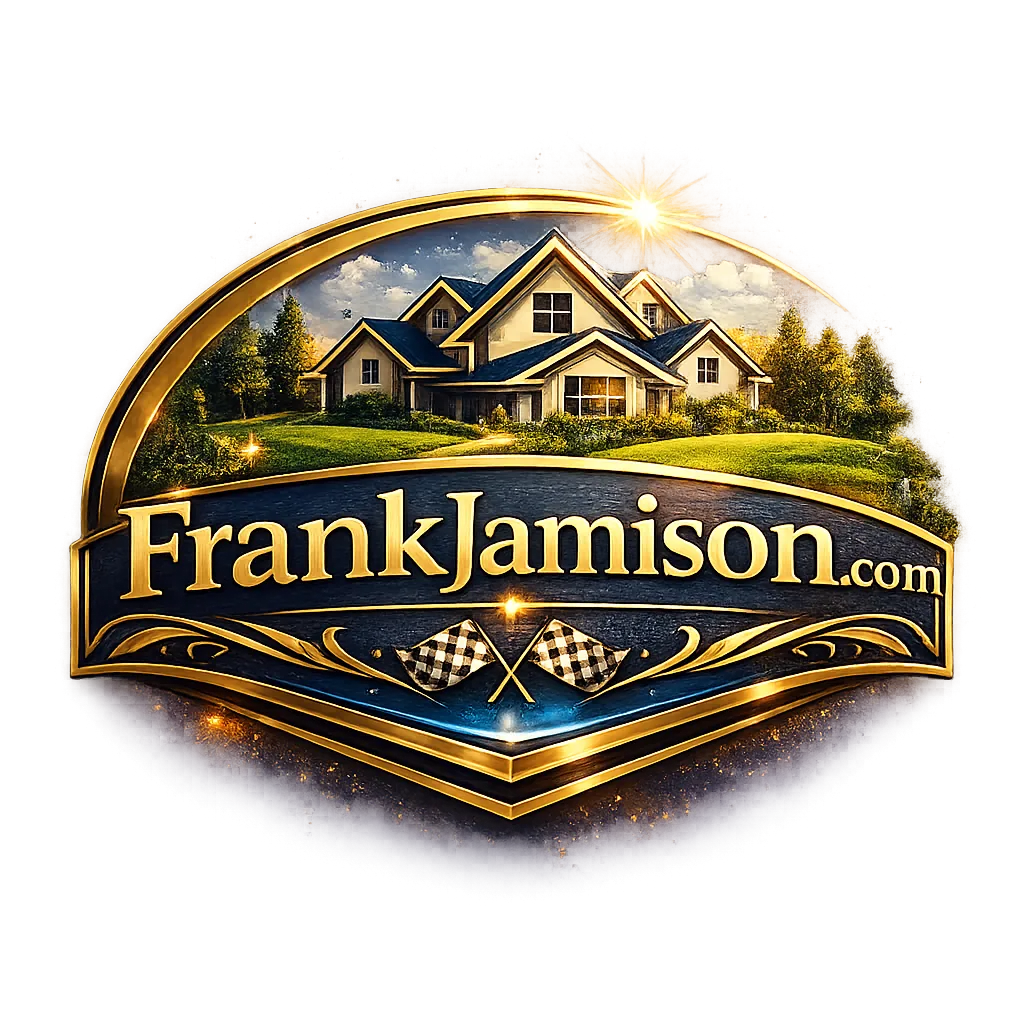 Gold and navy crest style logo reading FrankJamison.com, featuring a large home under a bright sun within an arched frame, decorative scrollwork, and two crossed checkered flags at the bottom, all set against a dark background with glowing highlights.