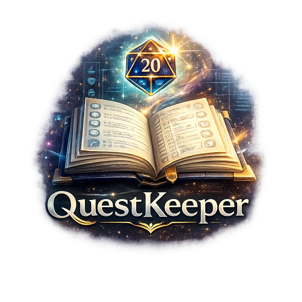 Fantasy style logo for QuestKeeper featuring an open illuminated spellbook with character sheet pages, a glowing twenty sided die showing the number 20 floating above it, and a starry magical background. The project name “QuestKeeper” appears below the book in elegant serif lettering with gold accents.