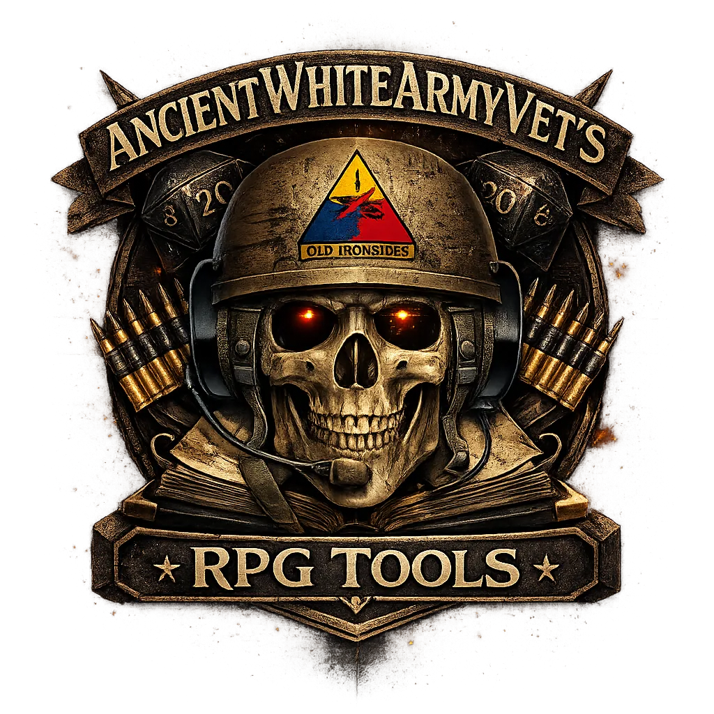 Emblem style logo for AncientWhiteArmyVet’s RPG Tools featuring a skull wearing a military helmet with a headset and glowing orange eyes. The helmet displays an Old Ironsides insignia. Behind the skull are crossed ammunition rounds and large twenty sided dice marked 8, and 20. The skull rests above an open book, with a banner reading AncientWhiteArmyVet’s at the top and RPG Tools at the bottom in bold, engraved lettering.