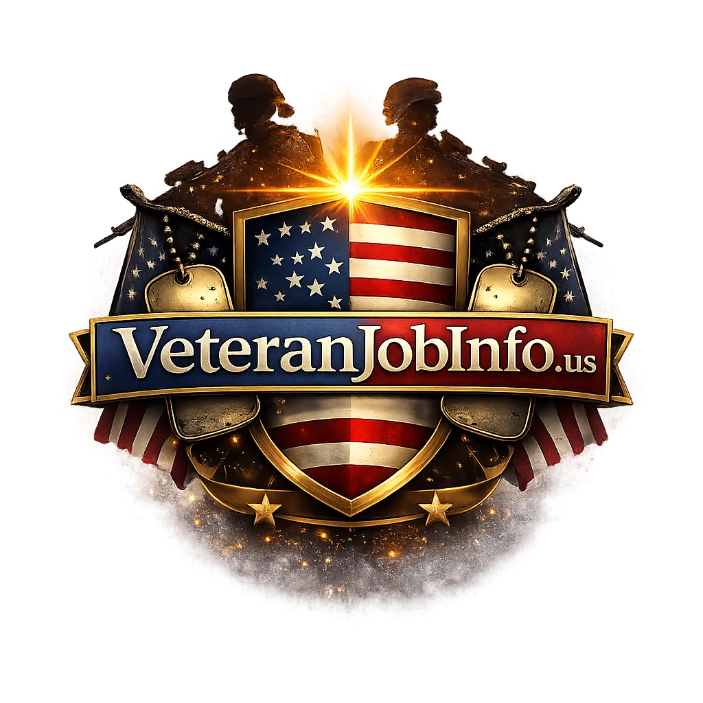 Emblem style logo for VeteranJobInfo.us featuring a gold trimmed shield with the American flag, crossed flags and dog tags, two silhouetted soldiers at the top, and a bright starburst above the crest. A red, white, and blue banner across the center displays the name VeteranJobInfo.us, with metallic gold accents and patriotic detailing throughout.
