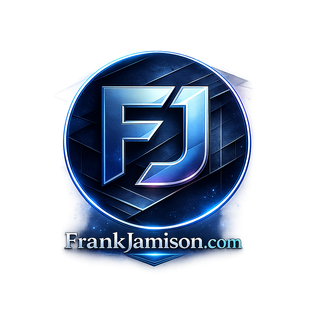 Circular metallic blue emblem featuring the initials FJ in bold, beveled lettering at the center, surrounded by a glowing ring and subtle geometric textures. The design has a futuristic, polished look with a faint cosmic style background, and the text FrankJamison.com appears below the emblem in silver lettering.