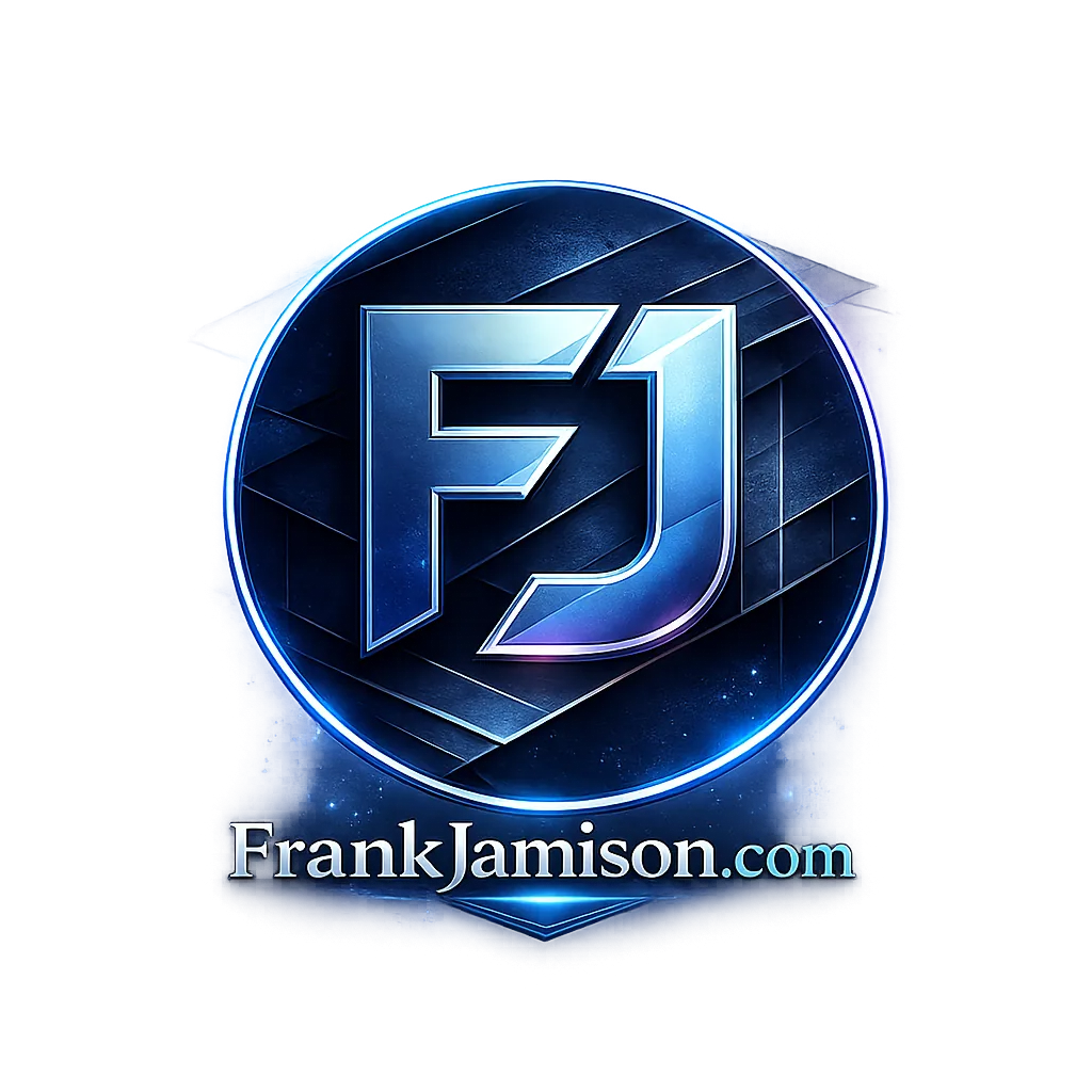 Circular metallic blue emblem featuring the initials FJ in bold, beveled lettering at the center, surrounded by a glowing ring and subtle geometric textures. The design has a futuristic, polished look with a faint cosmic style background, and the text FrankJamison.com appears below the emblem in silver lettering.