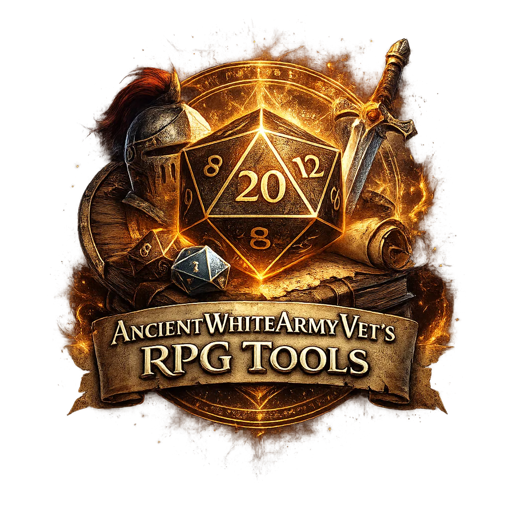 Fantasy themed logo featuring a glowing twenty sided die at the center surrounded by a sword, shield, helmet, scroll, and smaller dice, with a banner reading AncientWhiteArmyVet’s RPG Tools in bold medieval lettering against a fiery golden arcane circle background.