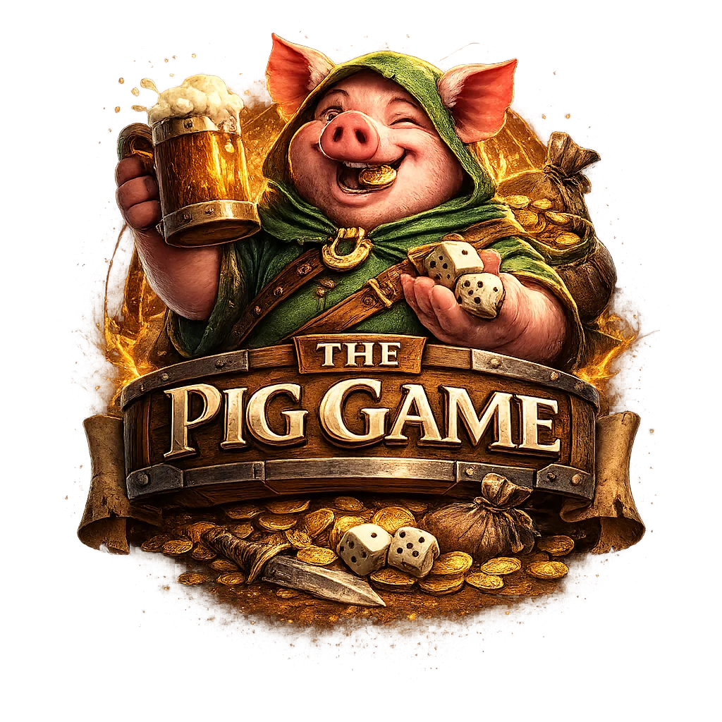 Illustrated fantasy style logo for The Pig Game featuring a cheerful pig in a green hooded cloak holding a frothy mug of ale in one hand and dice in the other. Gold coins spill around the character, with additional dice, a small dagger, and money bags at the bottom. A wooden banner across the center reads The Pig Game in bold carved lettering against a glowing golden background.