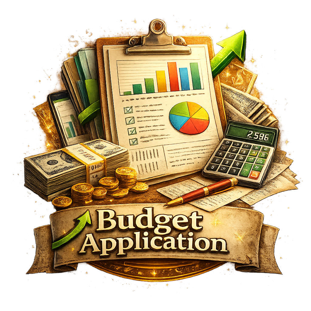 Illustrated emblem for a Budget Application featuring a clipboard with colorful bar and pie charts, stacks of cash and gold coins, a calculator displaying numbers, a red pen, and financial documents. A green upward arrow suggests growth, and a banner at the bottom reads Budget Application.