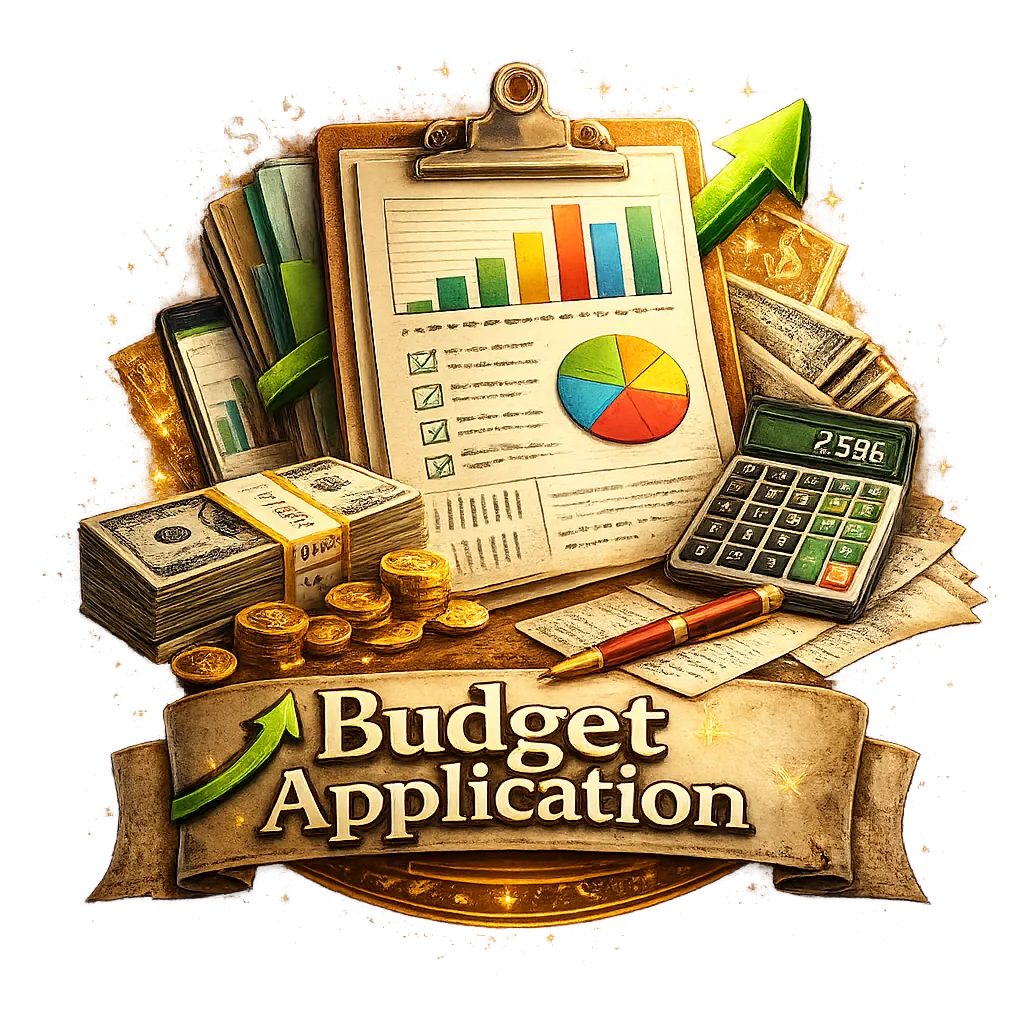 Illustrated emblem for a Budget Application featuring a clipboard with colorful bar and pie charts, stacks of cash and gold coins, a calculator displaying numbers, a red pen, and financial documents. A green upward arrow suggests growth, and a banner at the bottom reads Budget Application.