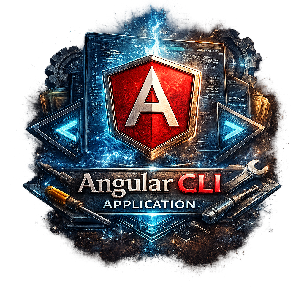 Stylized graphic featuring a red Angular shield logo centered over glowing blue code panels, flanked by navigation arrows and surrounded by developer tools, with the text Angular CLI Application displayed prominently beneath the emblem.