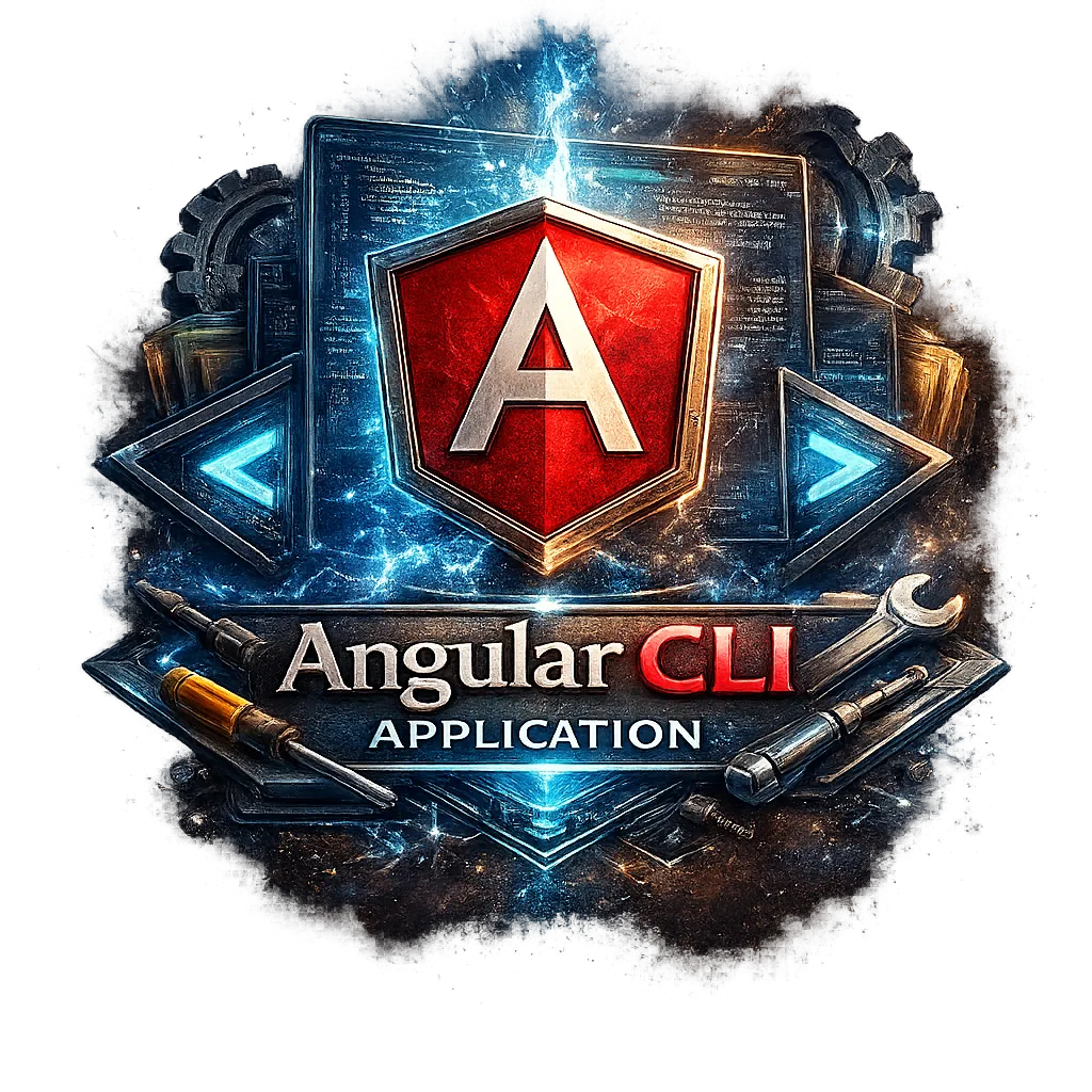 Stylized graphic featuring a red Angular shield logo centered over glowing blue code panels, flanked by navigation arrows and surrounded by developer tools, with the text Angular CLI Application displayed prominently beneath the emblem.