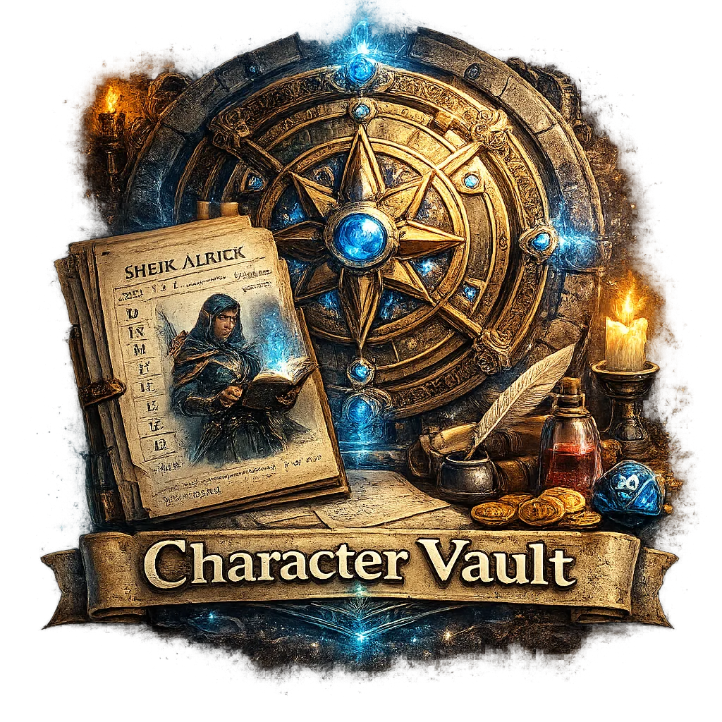 Illustrated fantasy themed logo for Character Vault featuring an ornate circular vault door with glowing blue gemstones and a compass rose design. In front of the vault sits an open character journal displaying a hooded adventurer reading a spellbook. Surrounding objects include a lit candle, quill and ink bottle, potion vial, gold coins, parchment, and a blue twenty sided die. A banner at the bottom reads Character Vault.