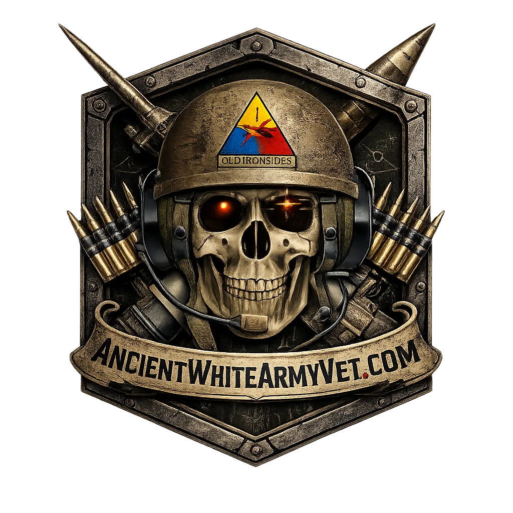 Stylized emblem featuring a metallic skull wearing a combat helmet with a triangular Old Ironsides insignia on the front. The skull has glowing red eyes and wears a military style headset with microphone. Crossed weapons and ammunition flank the skull inside a shield shaped frame. A banner across the bottom reads AncientWhiteArmyVet.com.