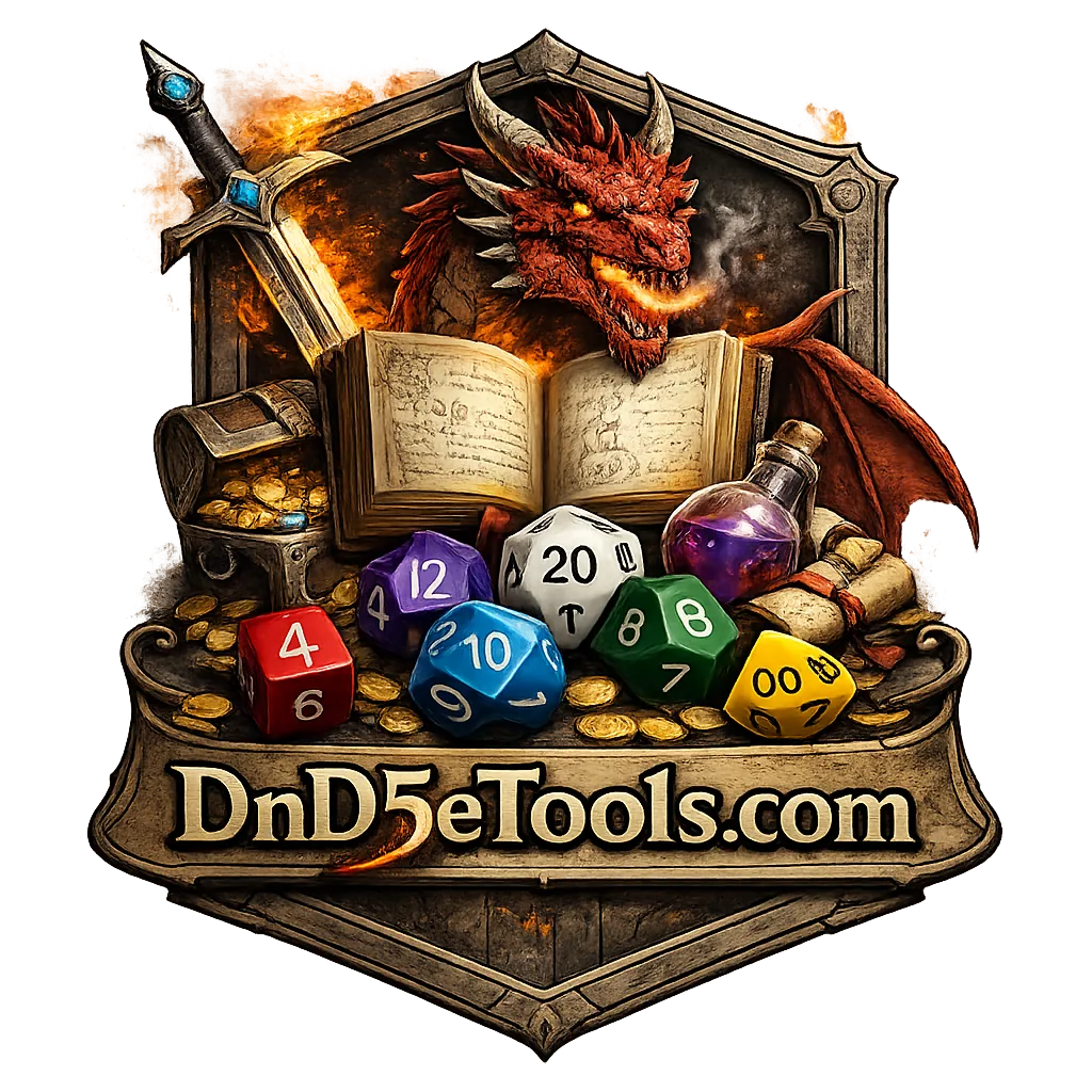 Fantasy themed logo for DnD5eTools.com featuring a red dragon breathing fire behind an open spellbook, surrounded by a sword, treasure chest, potion bottle, scroll, and a set of colorful polyhedral dice including a twenty sided die. The scene is framed in a shield shaped crest with flames in the background and the text DnD5eTools.com displayed prominently at the bottom.
