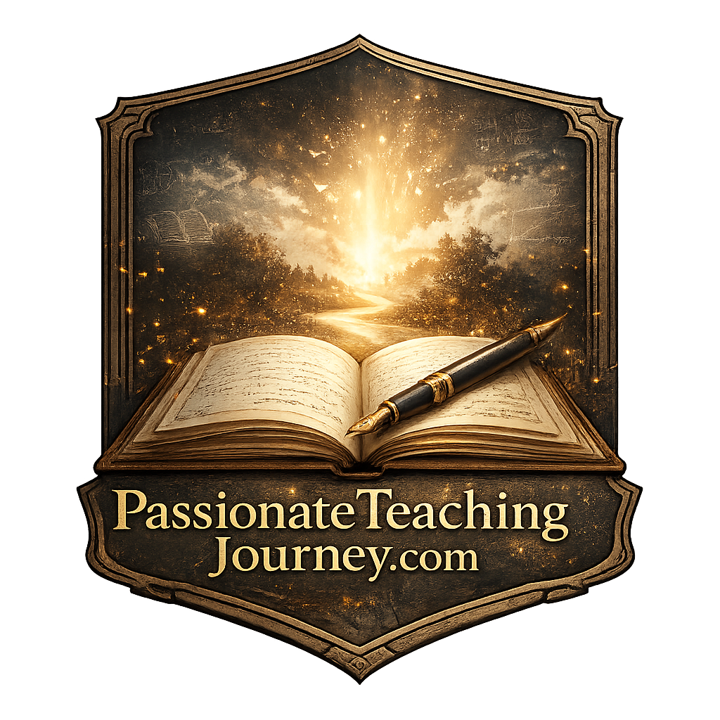 Decorative crest logo featuring an open book with a fountain pen resting across its pages, a glowing sunrise over a winding path in the background, and the text PassionateTeachingJourney.com displayed beneath the illustration in gold lettering