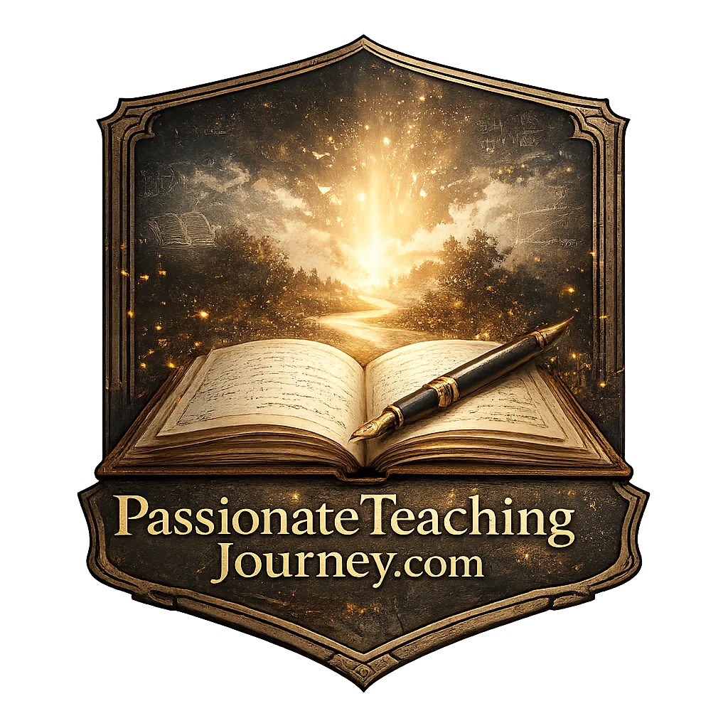 Decorative crest logo featuring an open book with a fountain pen resting across its pages, a glowing sunrise over a winding path in the background, and the text PassionateTeachingJourney.com displayed beneath the illustration in gold lettering
