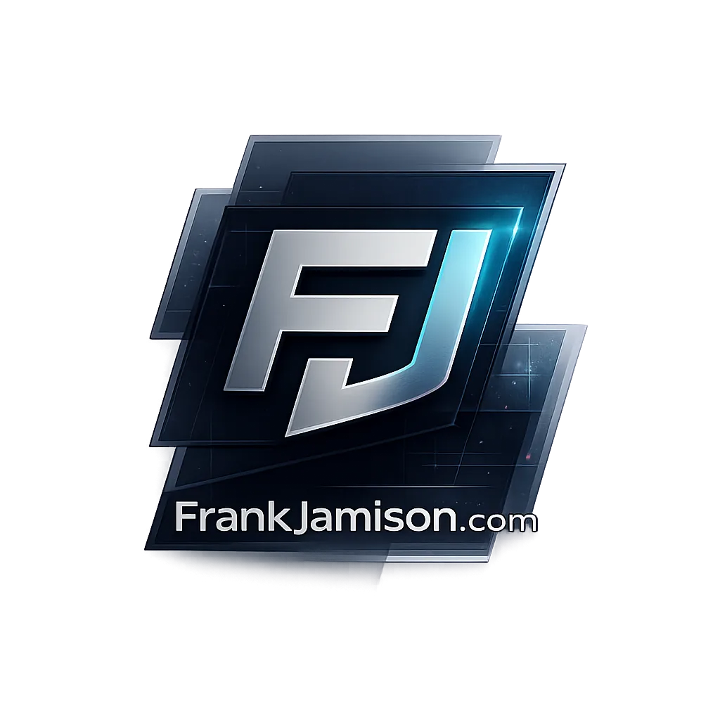 Stylized metallic FJ monogram logo layered over dark blue geometric panels with subtle glow effects, with the text FrankJamison.com displayed beneath the emblem.