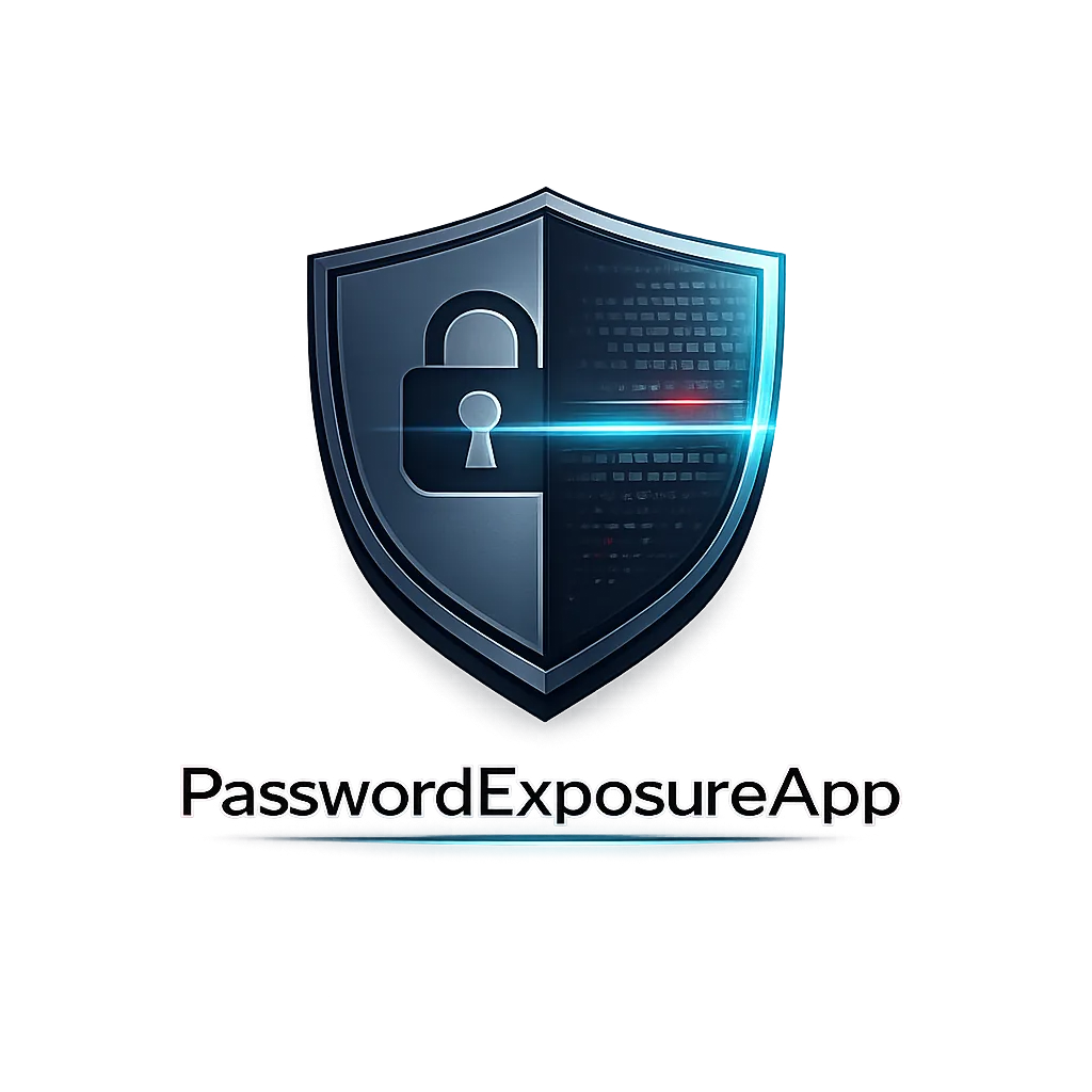 Shield shaped cybersecurity logo split into two halves, one with a padlock icon and the other with digital code graphics, with a glowing horizontal light effect across the center and the text PasswordExposureApp displayed beneath it.